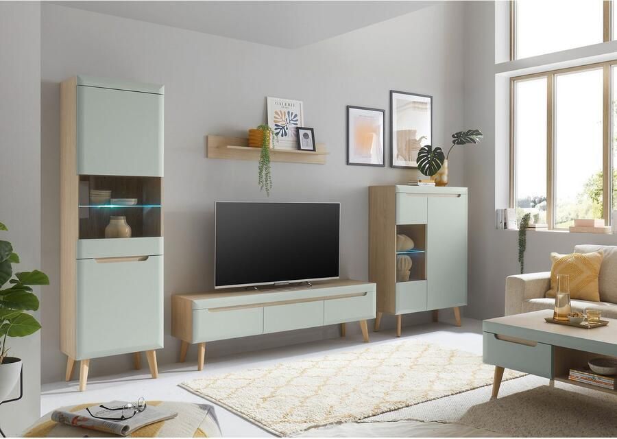 INOSIGN Wandmeubel Torge wandmeubel kastwand mediawand woonkamer-set bevat 2 vitrines 1 lowboard 1 wandplank 343 cm breed (set 4 stuks)