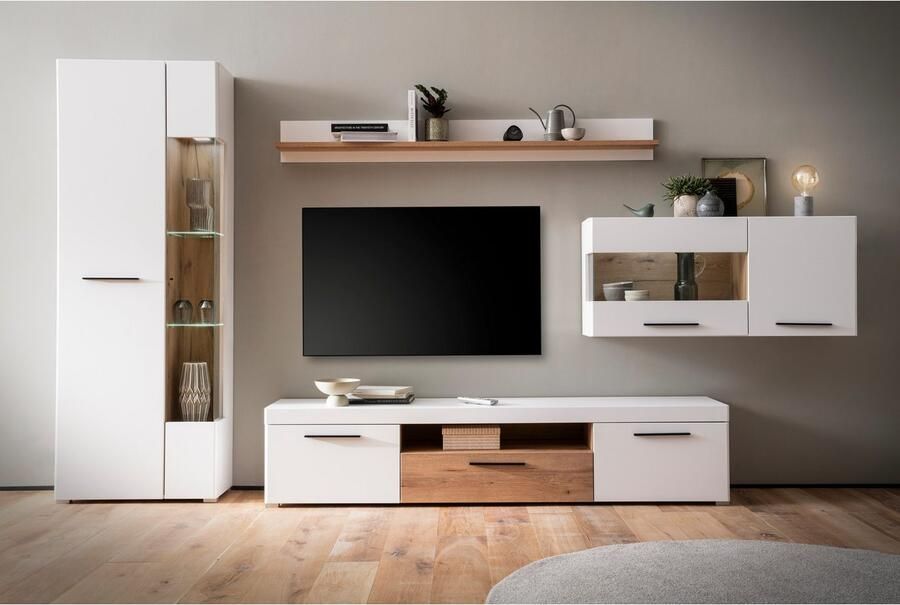 INOSIGN Vitrinekast Salerno Hoge kast Glazen vitrine Wit met Eik Evoke Decor modern. Metalen handgrepen voldoende opbergruimte veelzijdig inzetbaar 72 cm breed - Foto 3