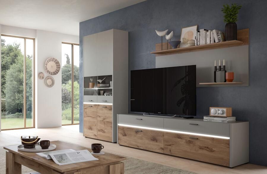 INOSIGN Wandmeubel Spezia Breedte 285cm in Lichtgrijs met Structuurachterwand Wooncombinatie woonkamer set combinatie TV-wand woonkamermeubels (set 3-delig) - Foto 5