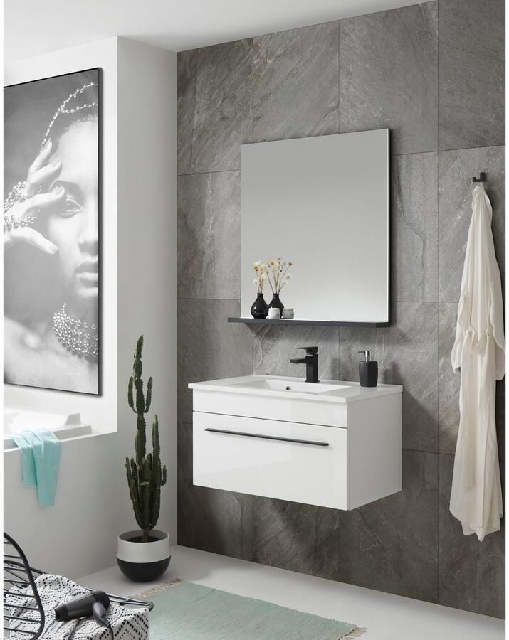 INOSIGN Badkamerserie Cantara badkamer in modern ontwerp 2-delig badkamer Waschtafel en spiegel in wit hoogglans veel opbergruimte (set 2-delig)