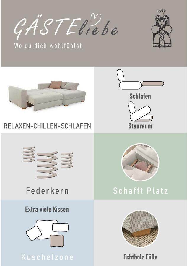 Jockenhöfer Gruppe Hoekbank Kampen L-vorm met slaapfunctie Bedkist bonellvering ottomane links of rechts beige