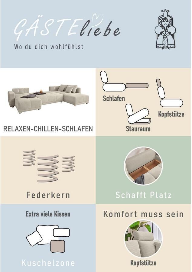 Jockenhöfer Gruppe Zithoek Orlando U-vorm met binnenvering slaapfunctie en bedkist inclusief 2 hoofdsteunen