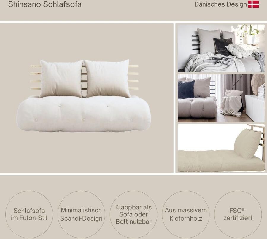 Karup Slaapbank Shinsano futonstijl rugframe en tweedelige kussenset van massief grenenhout opvouwbaar matras multifunctioneel scandi - Foto 2