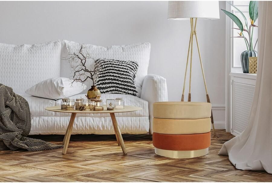 Kayoom Hocker Kruk Matilda 325 elegante uitstraling door goudkleurige sokkel Fluwelen bekleding gekleurde gelaagde padding goudkleurige basis (1 stuk) - Foto 4