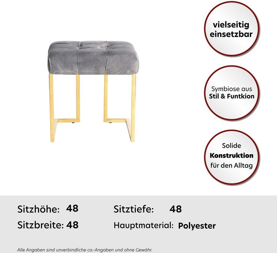 Kayoom Hocker Kruk Rarity 125 elegante uitstraling door goudkleurige frame hoekig fluweelzacht doorgestikt met sierknopen edelstalen frame (1 stuk) - Foto 6