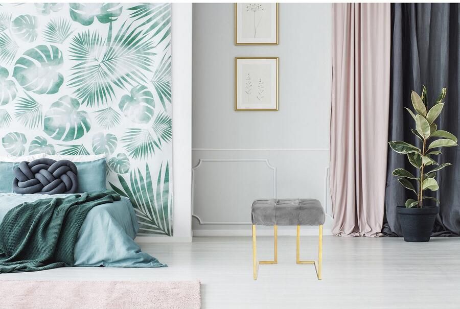 Kayoom Hocker Kruk Rarity 125 elegante uitstraling door goudkleurige frame hoekig fluweelzacht doorgestikt met sierknopen edelstalen frame (1 stuk) - Foto 5