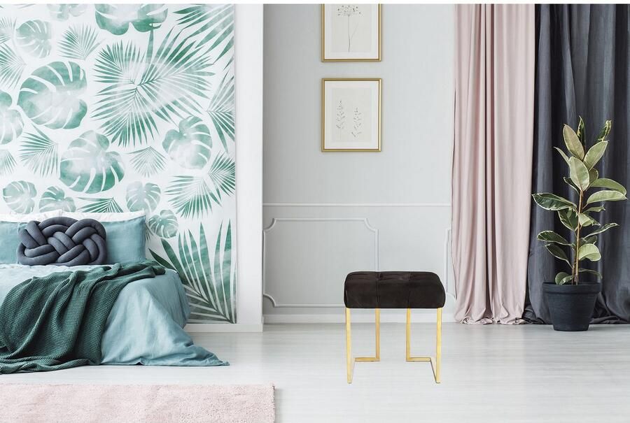 Kayoom Hocker Kruk Rarity 125 elegante uitstraling door goudkleurige frame hoekig fluweelzacht doorgestikt met sierknopen edelstalen frame (1 stuk) - Foto 5