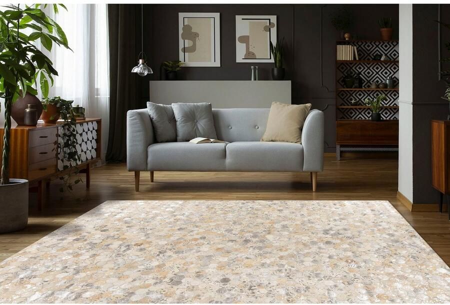 Kayoom Leren vloerkleed Ravi 400 Vloerkleed van dierenhuid metallische effecten patchwork dessin runderhuid met wollen rug