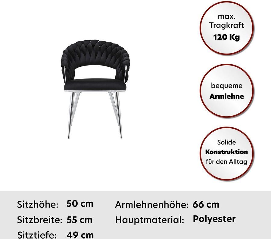 Floraya Set 2 fluwelen eetkamerstoelen Elegance Zwart Zilver 61x61x82cm (LxBxH) Draagvermogen 150KG - Foto 9