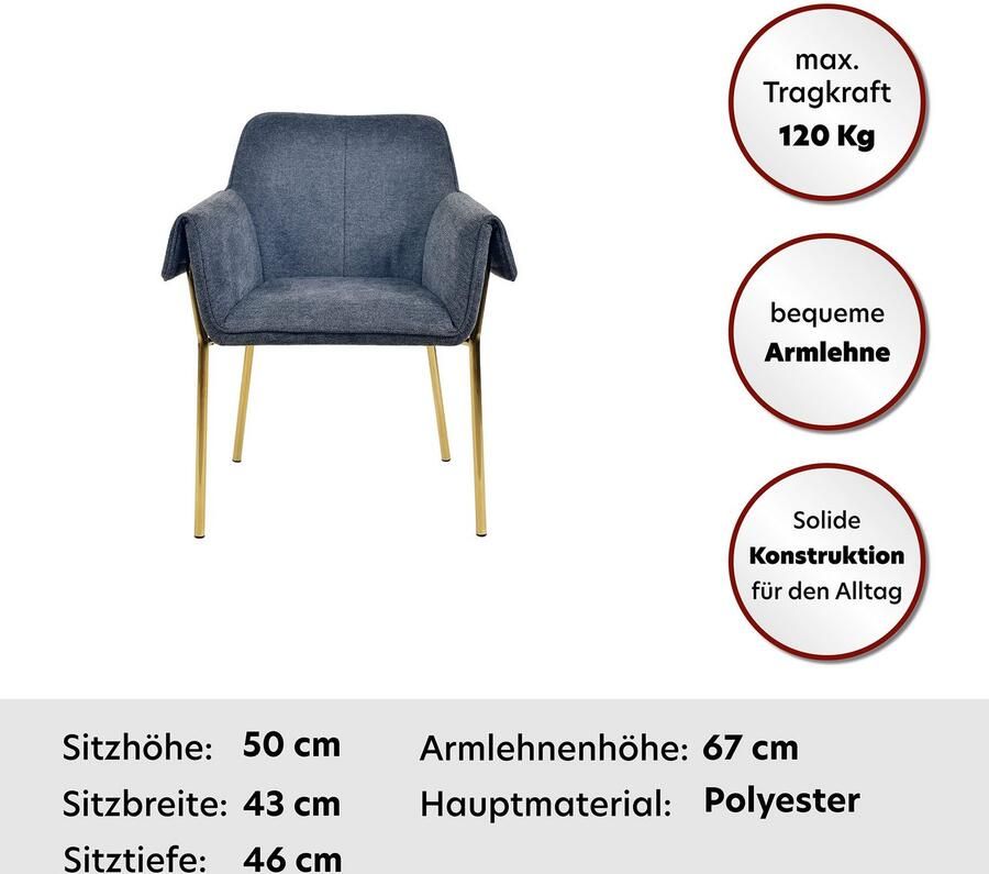 Kayoom Stoel Galia 125 gewatteerde rugleuning en zitting gezellig ontwerp goudkleurige frame onderhoudsvriendelijke stofbekleding (1 stuk) - Foto 8