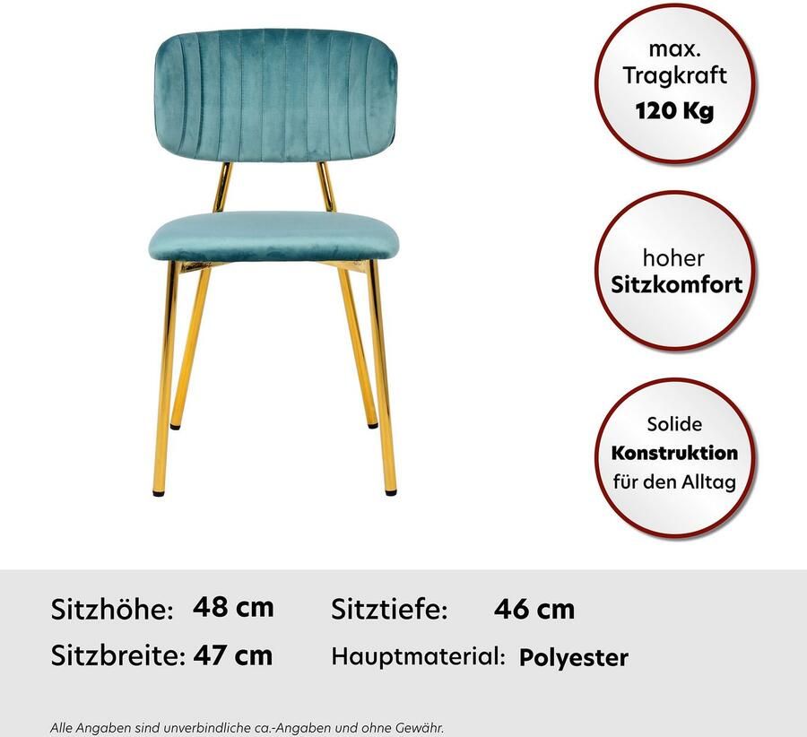 Kayoom Stoel Giselle 125 2-delige set onderhoudsvriendelijke fluwelen bekleding met armleuningen goudkleurige frame van roestvrij staal fluwelen bekleding decoratieve stiksels (set 2 stuks) - Foto 10