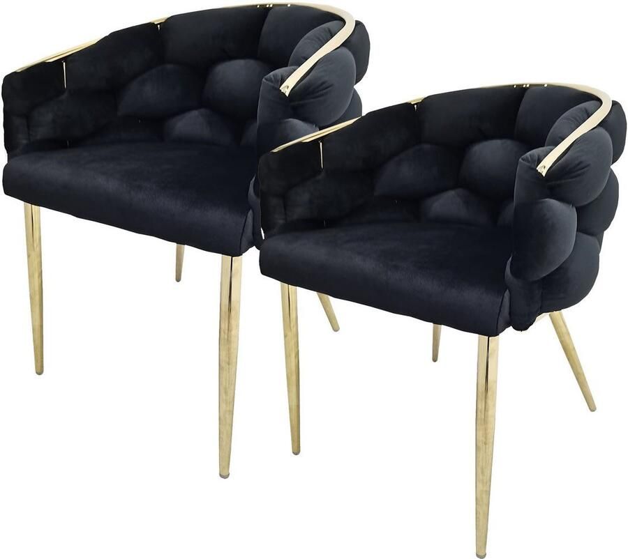 Underbar Set 2 eetkamerstoelen Grace Zwart Goud Velours 61x65x79cm (LxBxH) Draagvermogen 150KG