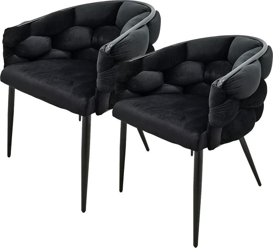 Underbar Set 2 eetkamerstoelen Grace Zwart Zwart Velours 61x65x79cm (LxBxH) Draagvermogen 150KG - Foto 7