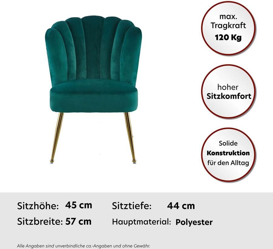 Kayoom Stoel Lalie 125 rugleuning in retro-stijl opvallende rugleuning in schelpontwerp fluwelen bekleding goudkleurige metalen poten (1 stuk) - Foto 7