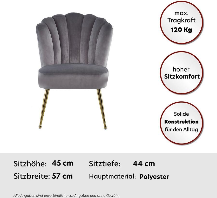 Kayoom Stoel Lalie 125 rugleuning in retro-stijl opvallende rugleuning in schelpontwerp fluwelen bekleding goudkleurige metalen poten (1 stuk) - Foto 8