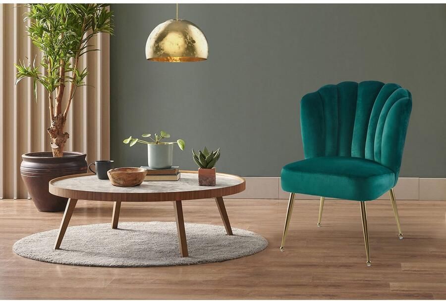 Kayoom Stoel Lalie 125 rugleuning in retro-stijl opvallende rugleuning in schelpontwerp fluwelen bekleding goudkleurige metalen poten (1 stuk) - Foto 6