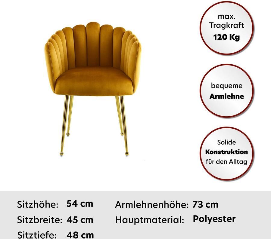 Kayoom Stoel Muna 125 BESTSELLER! opvallende rug- armleuning in schelpvorm opvallende gevlochten rugleuning fluwelen bekleding goudkleurige poten (1 stuk) - Foto 6