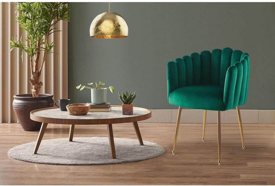 Kayoom Stoel Muna 125 BESTSELLER! opvallende rug- armleuning in schelpvorm opvallende gevlochten rugleuning fluwelen bekleding goudkleurige poten (1 stuk) - Foto 6