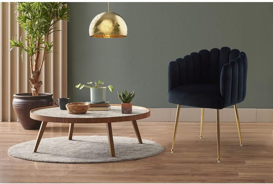 Kayoom Stoel Muna 125 BESTSELLER! opvallende rug- armleuning in schelpvorm opvallende gevlochten rugleuning fluwelen bekleding goudkleurige poten (1 stuk) - Foto 5