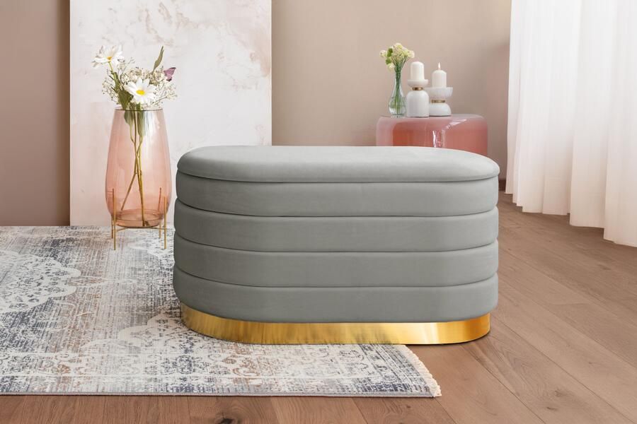 Underbar Opbergbank Adina Fluweel Velours 42 x 80 x 42 cm (LxBxH) Grijs Goud Maximaal draagvermogen 150KG Japandi style