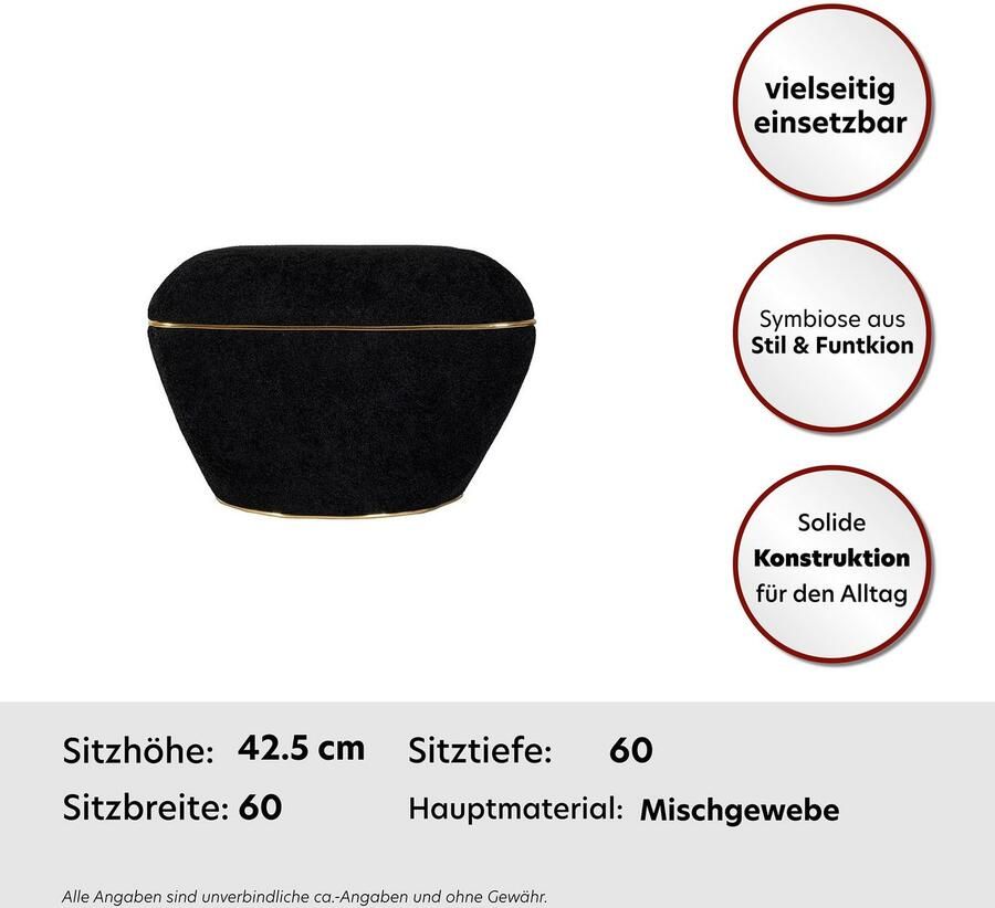 Floraya Designer poef hocker kruk Contessa Zwart Goud 60x60x42 5cm (LxBxH) Maximaal belastbaar tot 160KG