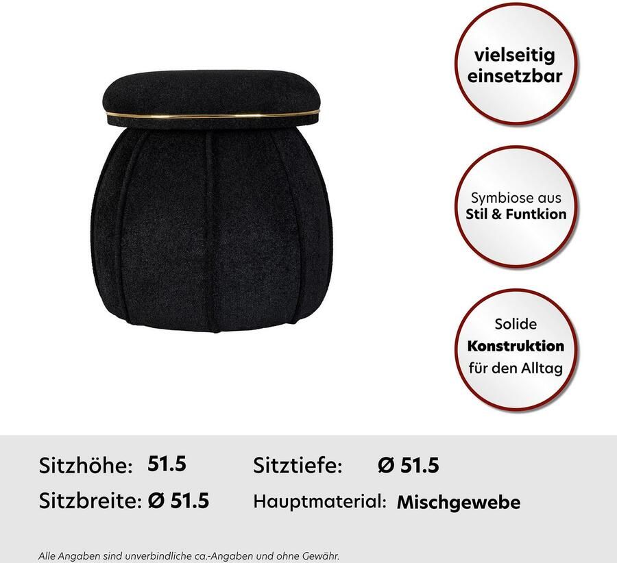 Floraya Designer poef hocker kruk Corin Zwart Goud 51 5x51 5x55cm (LxBxH) Maximaal belastbaar tot 160KG - Foto 3