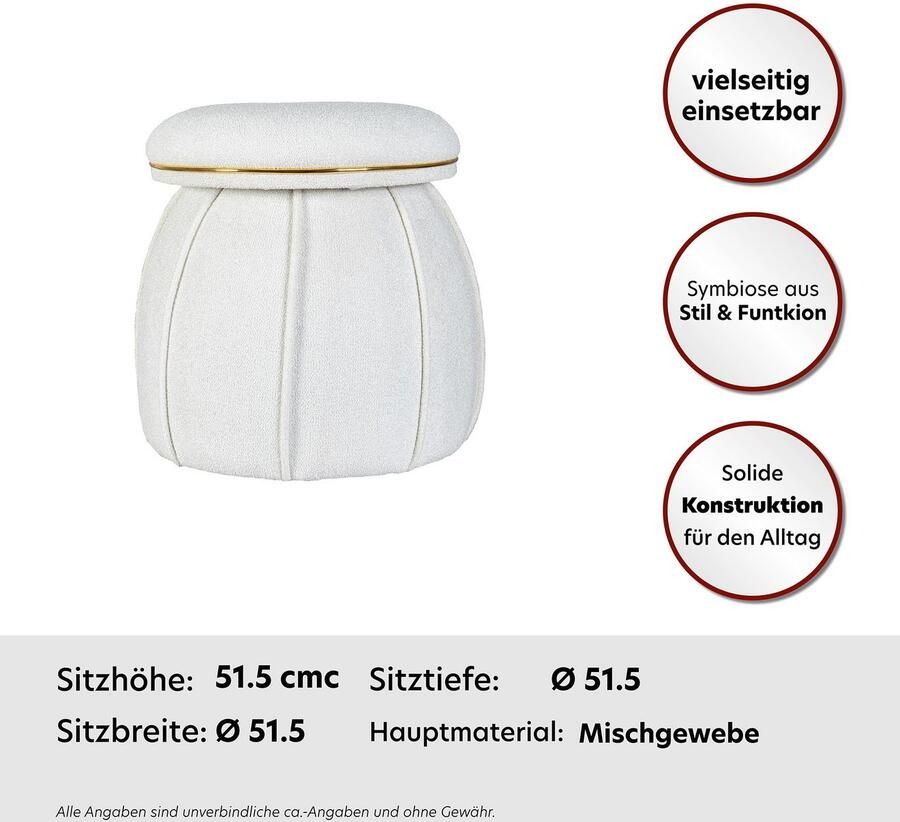 Floraya Designer poef hocker kruk Corin Wit Goud 51 5x51 5x55cm (LxBxH) Maximaal belastbaar tot 160KG - Foto 3