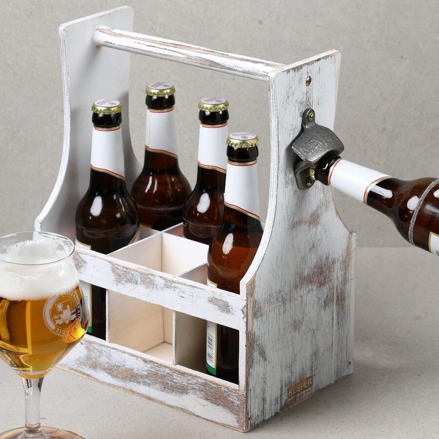 KESPER for kitchen & home Flessenrek Antiek van multiplex FSC voor maximaal 6 flessen draagriem met flesopener (1 stuk) - Foto 2