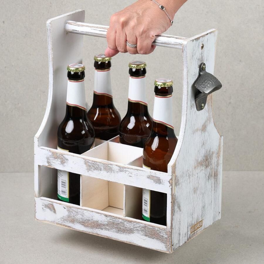 KESPER for kitchen & home Flessenrek Antiek van multiplex FSC voor maximaal 6 flessen draagriem met flesopener (1 stuk) - Foto 3