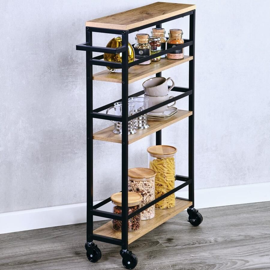 KESPER for kitchen & home Trolley Niswagen zwart met 4 wielen en 3 opbergvlakken (1 stuk)