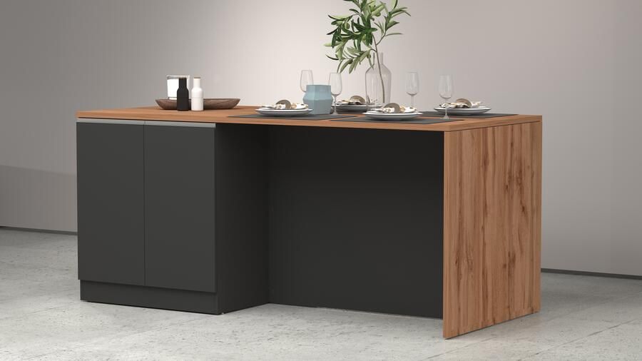 Kochstation Kookeiland Sole kookeiland keukenwerkblok eilandkeuken werk-eiland Breedte 200 cm met 4 deuren 4 vakken werkblad aluminium handgreep - Foto 7