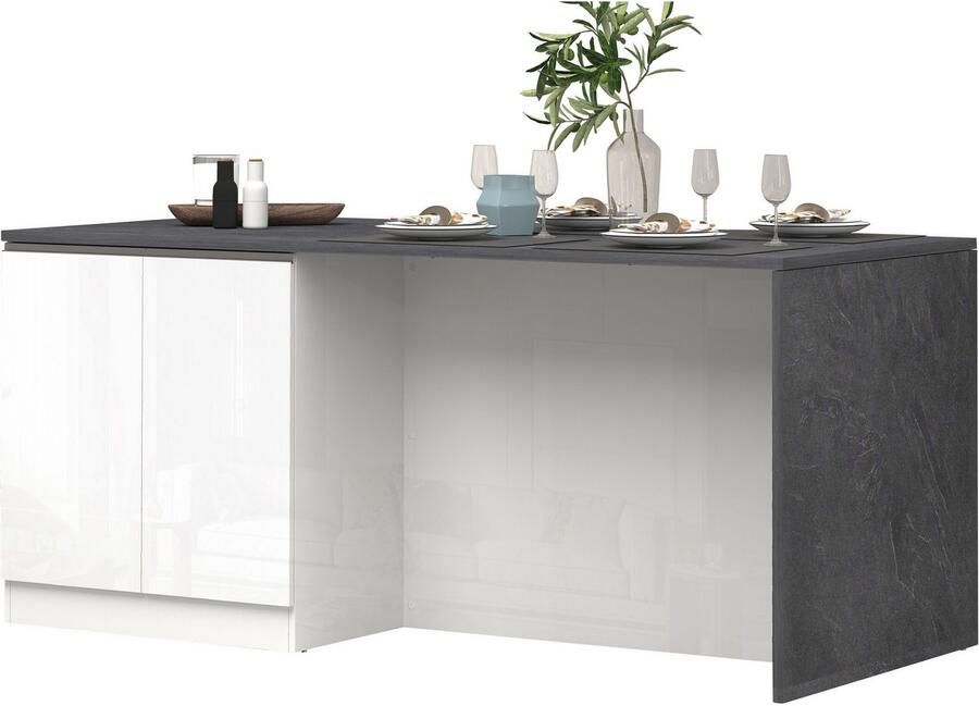 Kochstation Kookeiland Sole kookeiland keukenwerkblok eilandkeuken werk-eiland Breedte 200 cm met 4 deuren 4 vakken werkblad aluminium handgreep