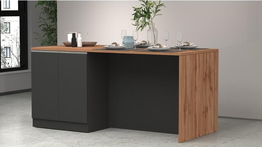 Kochstation Kookeiland Sole kookeiland keukenwerkblok eilandkeuken werk-eiland Breedte 200 cm met 4 deuren 4 vakken werkblad aluminium handgreep - Foto 4