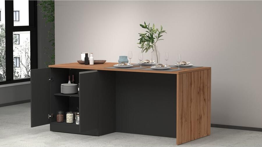 Kochstation Kookeiland Sole kookeiland keukenwerkblok eilandkeuken werk-eiland Breedte 200 cm met 4 deuren 4 vakken werkblad aluminium handgreep - Foto 5