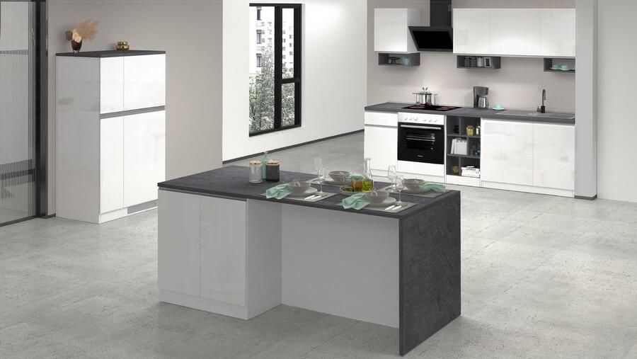 Kochstation Kookeiland Sole kookeiland keukenwerkblok eilandkeuken werk-eiland Breedte 200 cm met 4 deuren 4 vakken werkblad aluminium handgreep - Foto 4