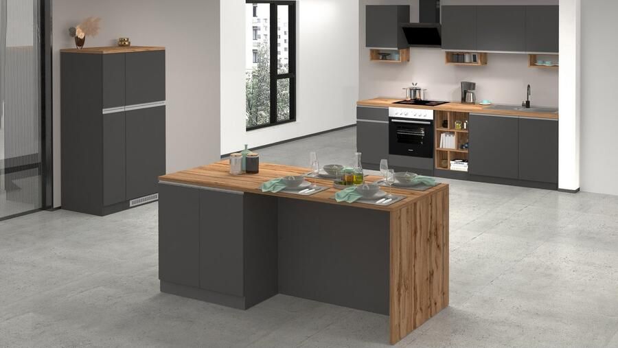 Kochstation Kookeiland Sole kookeiland keukenwerkblok eilandkeuken werk-eiland Breedte 200 cm met 4 deuren 4 vakken werkblad aluminium handgreep - Foto 6