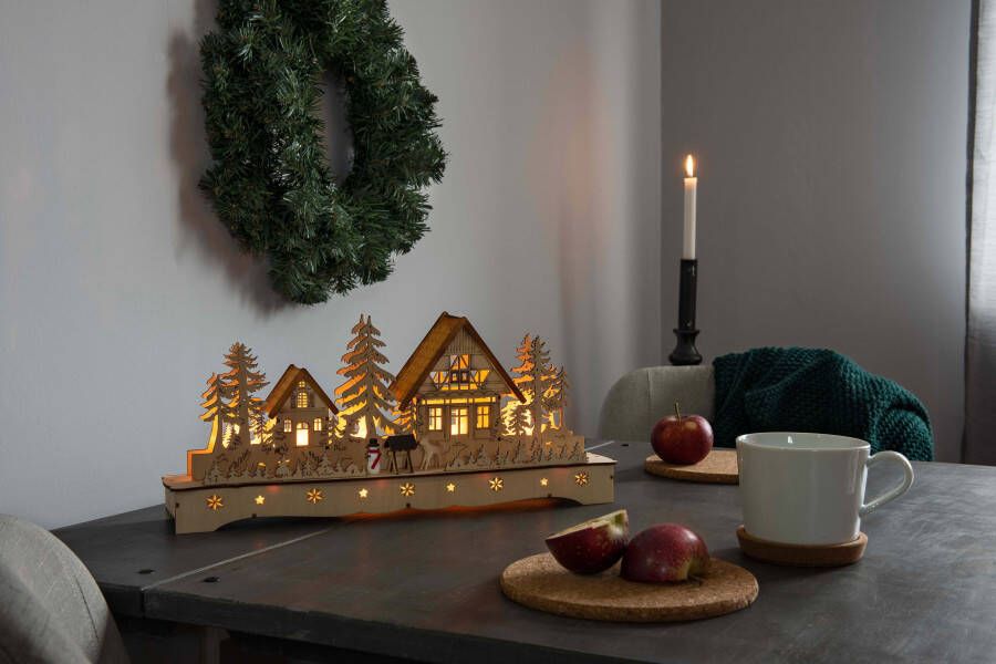 KONSTSMIDE Kerstdorp Kerst versiering Houten led-silhouet dorp met sneeuwpop en rendier (1 stuk)