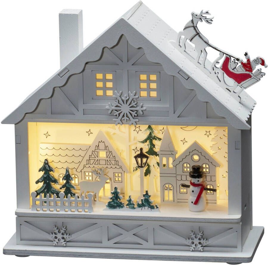 KONSTSMIDE Kersthuisje LED Holzsilhouette Haus weiß 4 warmweiße Dioden batteriebetrieben 6h timer (1 stuk)