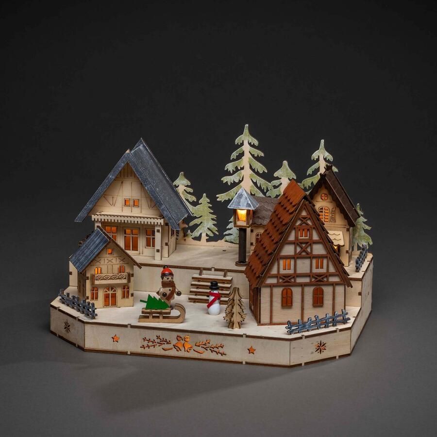 KONSTSMIDE Kerstdorp Kerst versiering Houten led-silhouet dorp met sneeuwpop kind en slede (1 stuk) - Foto 2