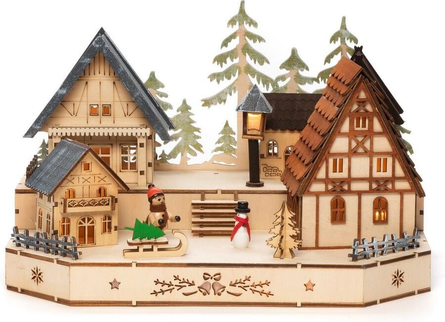 KONSTSMIDE Kerstdorp Kerst versiering Houten led-silhouet dorp met sneeuwpop kind en slede (1 stuk) - Foto 3