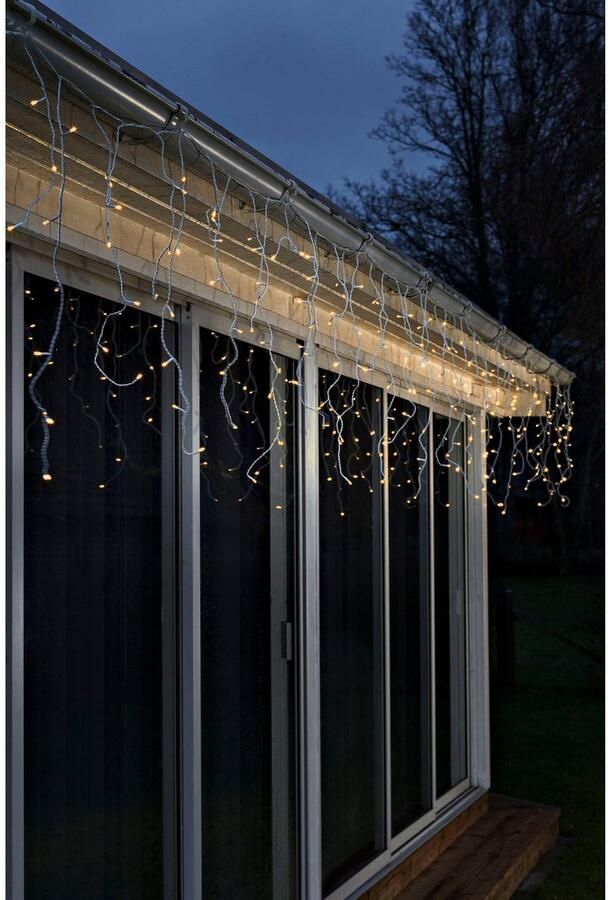 KONSTSMIDE Led-lichtgordijn LED solar ijsregenlicht gordijn 200 amberkleurige diodes timer Afstandsbediening dimbaar 8 lichtfuncties zonnebox oplaadbaar via USB (2 stuks) - Foto 3