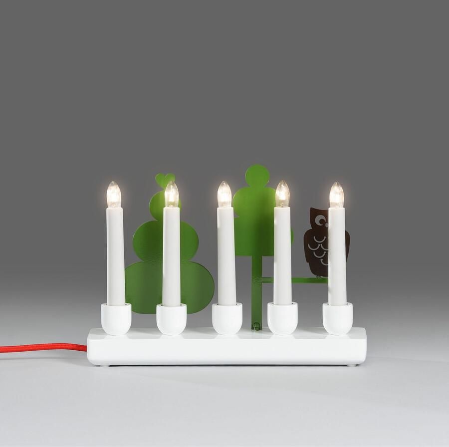 KONSTSMIDE Raamkandelaar Kerst versiering Houten lamp wit gelakt met gekleurde metalen decoraties uil (1 stuk)