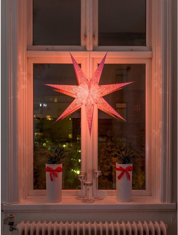 KONSTSMIDE Sierster Kerstster kerstversiering Papieren ster led ster geperforeerd en pink geborduurd 7 punten (1 stuk)