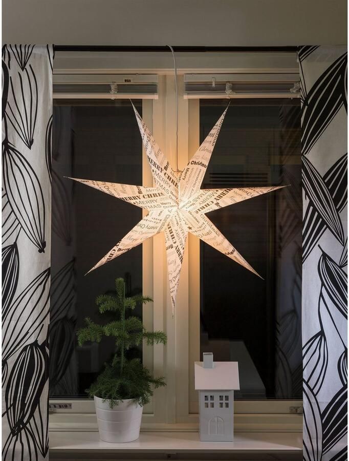 KONSTSMIDE Sierster Kerstster kerstversiering witte papieren ster led ster zwart gedessineerde tekst 7 punten (1 stuk)