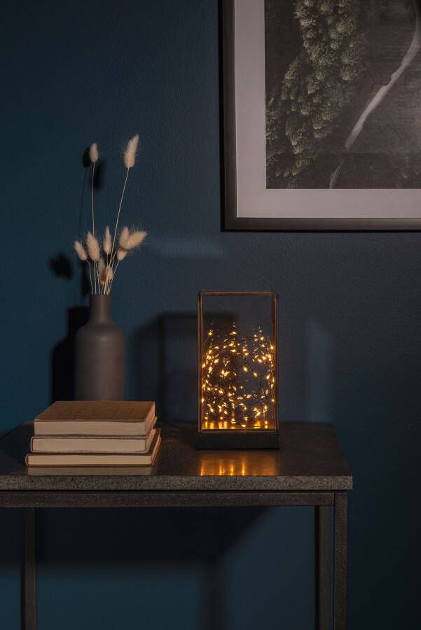 KONSTSMIDE Led lantaarn Kerst versiering Glazen led-lantaarn rechthoekig met zwarte houten basis (1 stuk) - Foto 3