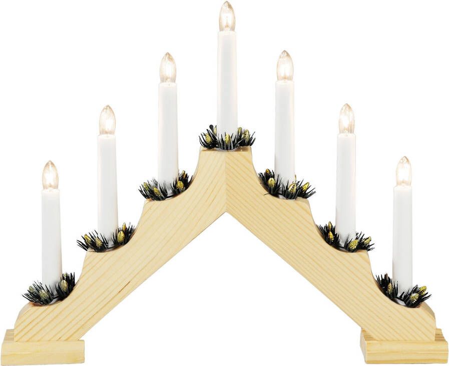 Konstsmide Houten Kerstkandelaar voor binnen 7 kaarsen 2700K warm wit Hout met groen Kaarsenbrug met 7 lampen 30 x 38 cm Kerstverlichting