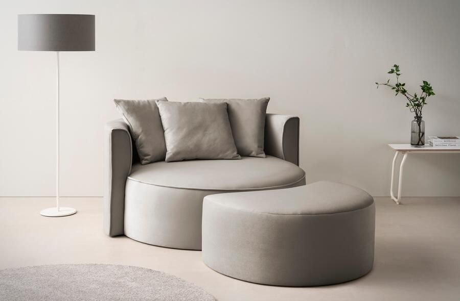 LeGer Home by Lena Gercke XXL-fauteuil Isalie ronde stoel met voetensteun leesstoel loveseat grote stoel trendy stoffen 3 sierkussens groot zitvlak corduroy fluweel bouclé (set)