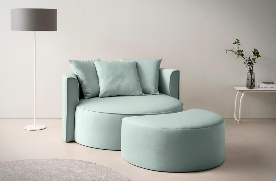 LeGer Home by Lena Gercke XXL-fauteuil Isalie ronde stoel met voetensteun leesstoel loveseat grote stoel trendy stoffen 3 sierkussens groot zitvlak corduroy fluweel bouclé (set)