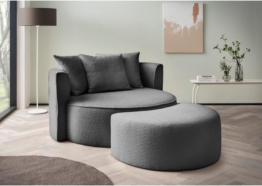LeGer Home by Lena Gercke XXL-fauteuil Isalie ronde stoel met voetensteun leesstoel loveseat grote stoel trendy stoffen 3 sierkussens groot zitvlak corduroy fluweel bouclé (set) - Foto 5