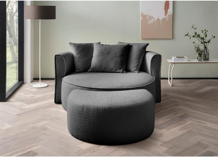 LeGer Home by Lena Gercke XXL-fauteuil Isalie ronde stoel met voetensteun leesstoel loveseat grote stoel trendy stoffen 3 sierkussens groot zitvlak corduroy fluweel bouclé (set) - Foto 4